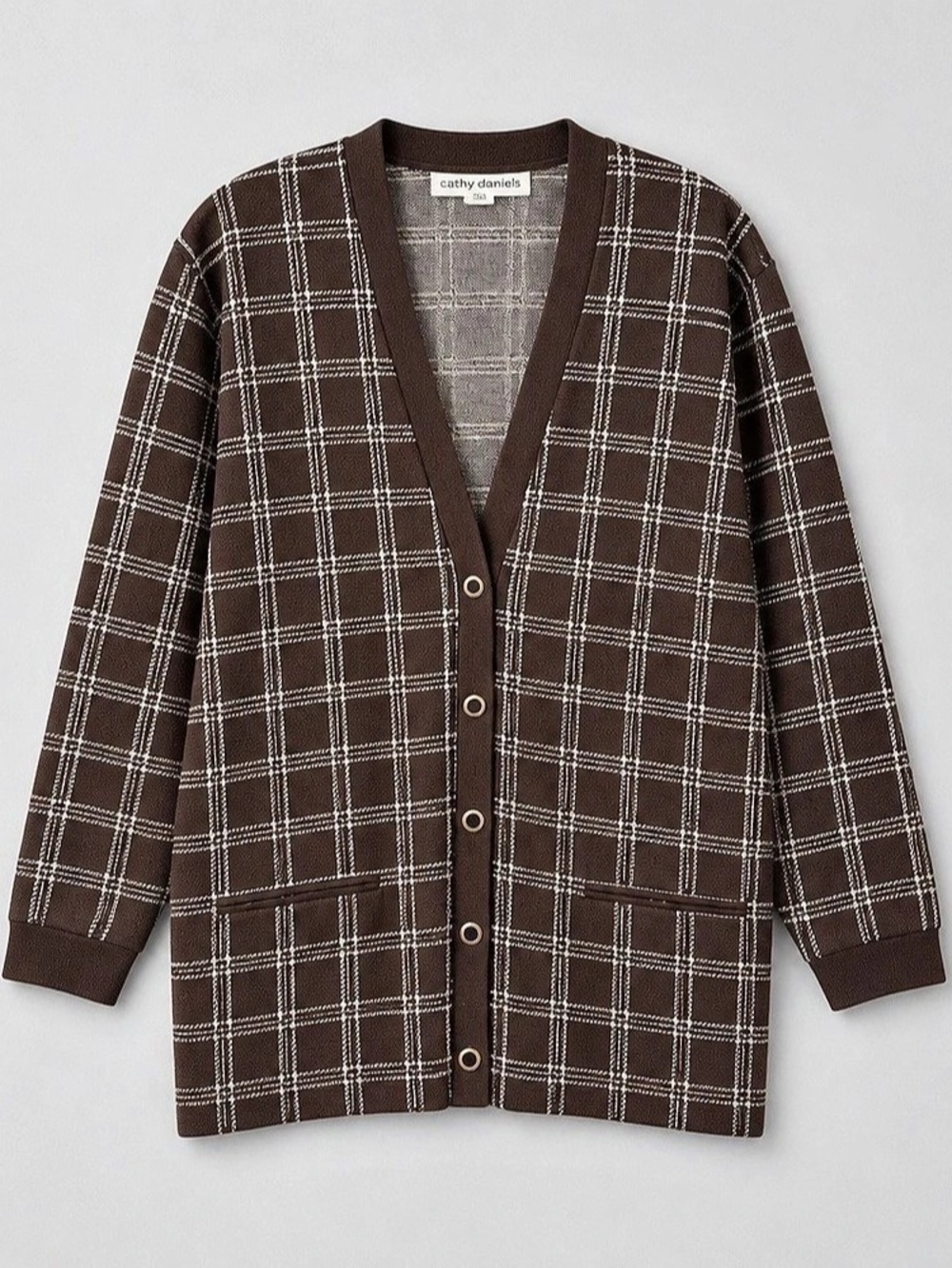 Cathy Daniels Brown Windowpane Plaid Button-Front Cardigan Medium